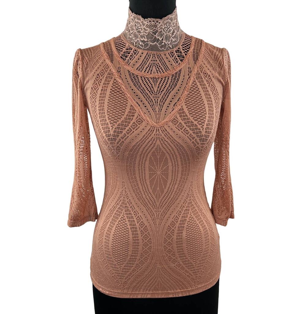 FREE PEOPLE Women's Blush Dusty Rose High Neck Monaco Lace Blouse Top Size XS